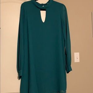 Long sleeve teal dress with cut out neckline